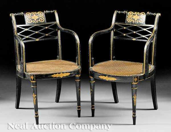 Appraisal: An Associated Pair of Antique Regency-Style Painted Armchairs black ground