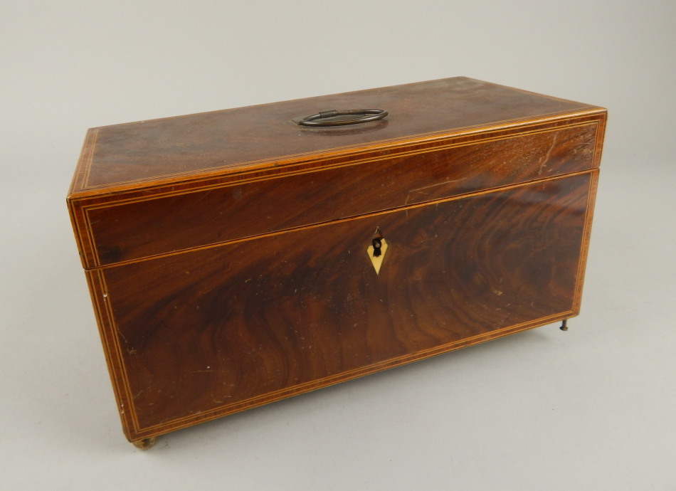 Appraisal: An early thC mahogany satinwood and inlaid tea caddy the