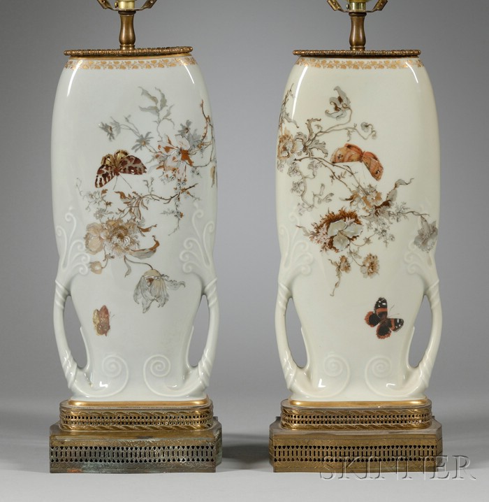 Appraisal: Pair of Hand-colored Floral and Butterfly Transfer Decorated Celadon Glazed