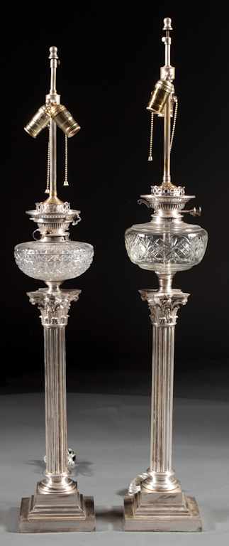 Appraisal: Pair of Victorian silver-plate and cut glass kerosene lamps th