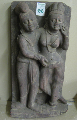 Appraisal: EAST INDIAN RED SCHIST STELE SCULPTURE hand carved with two