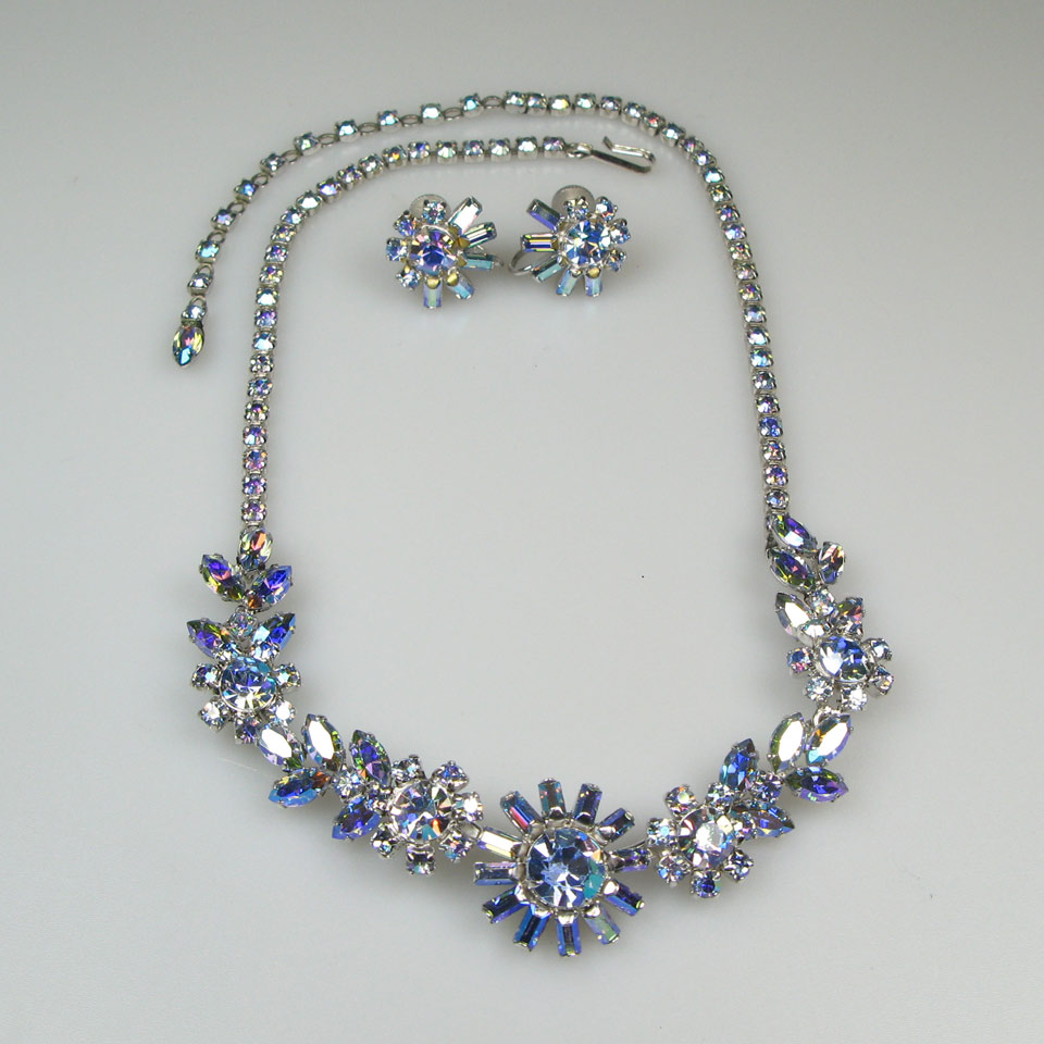 Appraisal: Sherman Necklace And Screw-Back Earrings set with aurora borealis blue