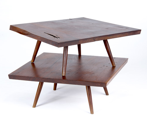 Appraisal: GEORGE NAKASHIMA Pair of walnut side tables one top with