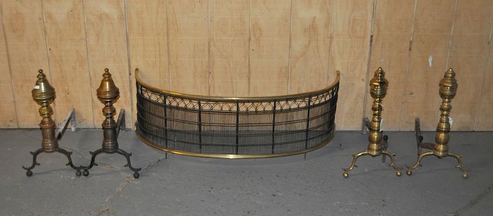 Appraisal: Two Pair Period Brass Andirons Firescreen with use wear dents