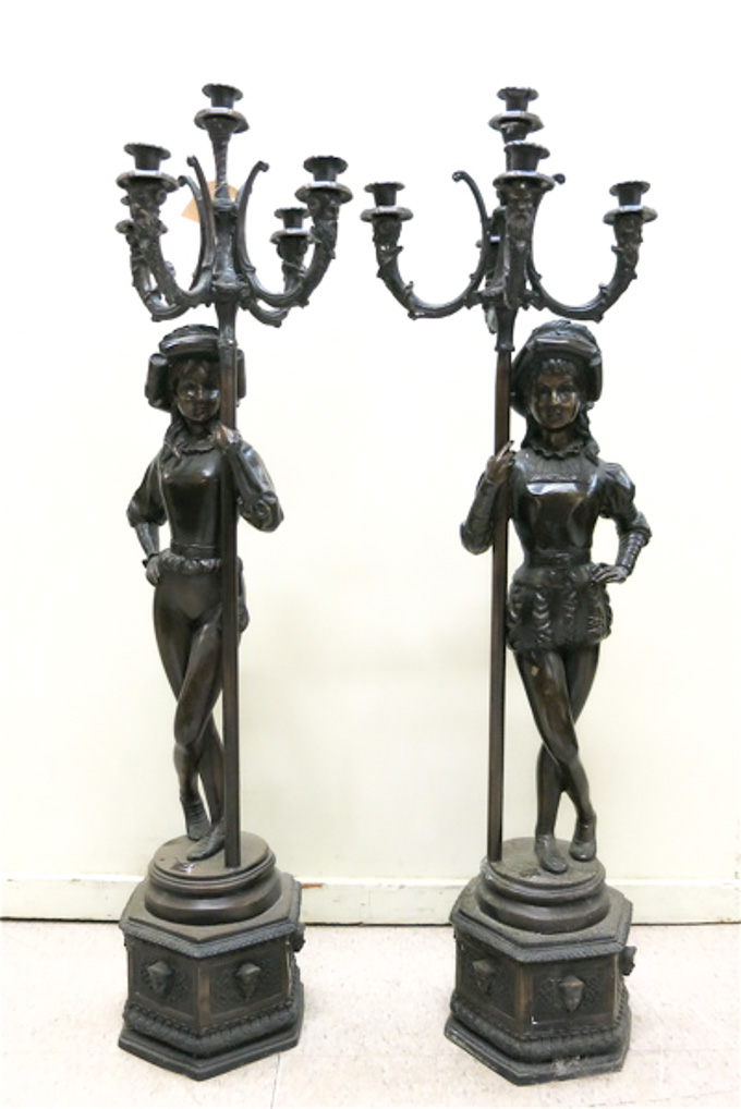 Appraisal: LARGE PAIR OF FIGURAL BRONZE CANDELABRA each an old English