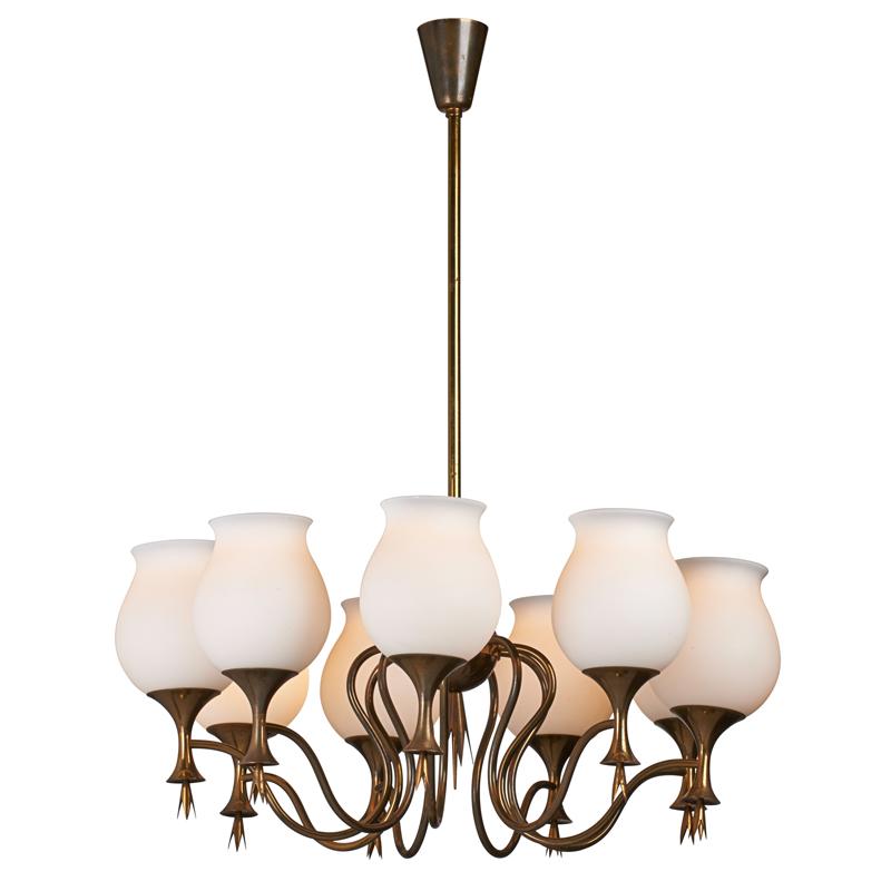 Appraisal: ARREDOLUCE Chandelier Condition Report Light oxidation to brass overall Rewired