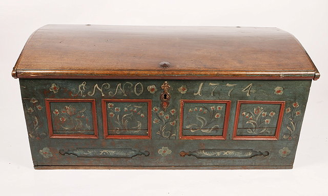 Appraisal: AN ANTIQUE SWISS OR GERMANY OAK DOMED TOP COFFER the