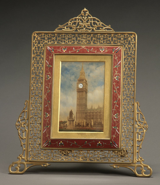 Appraisal: Continental Ormolu and Champlev Enamel Frame with Picture Clock Attributed