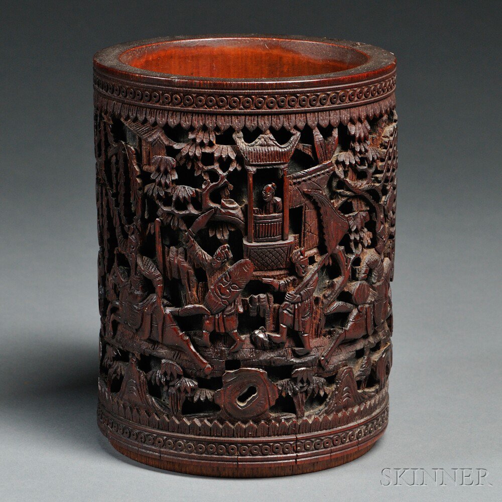 Appraisal: Bamboo Brush Pot China cylindrical carved in relief with a