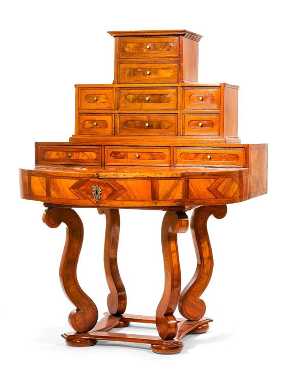 Appraisal: SECRETARY DESK ON SCROLLING STAND Baroque and later Switzerland Walnut