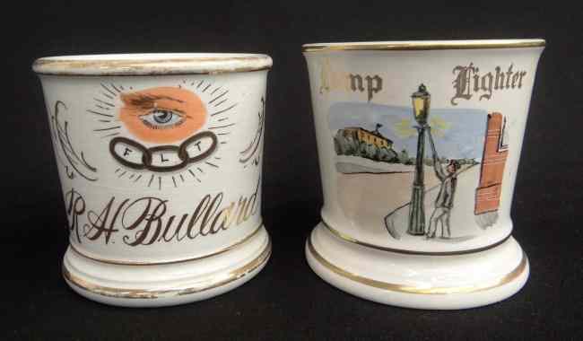 Appraisal: Lot two painted occupational shaving mugs including Masonic and ''Lamp