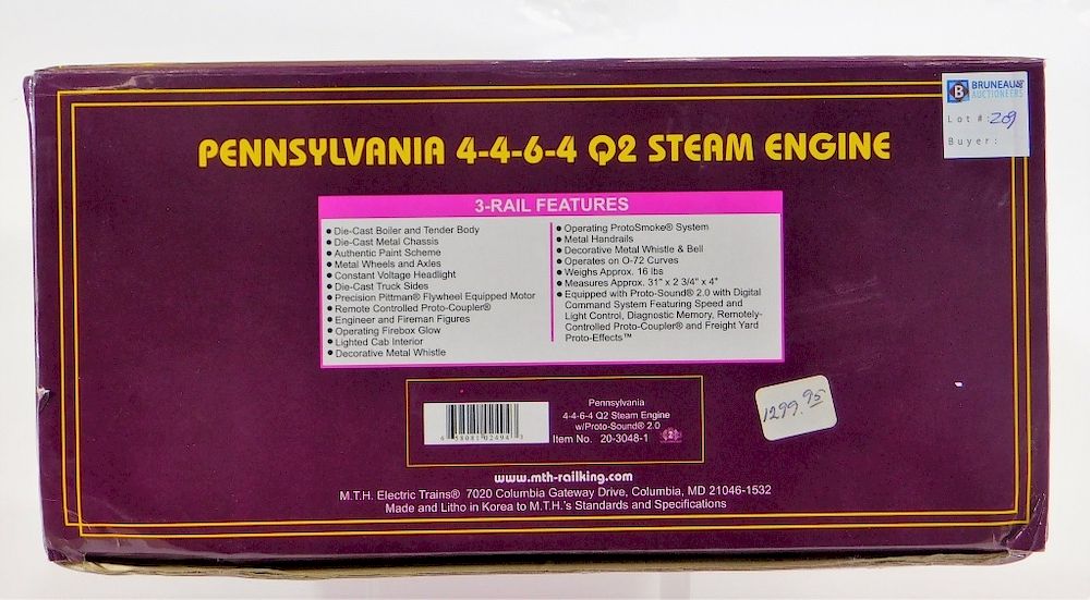 Appraisal: MTH Pennsylvania Q Steam Engine O Train United States Contemporary