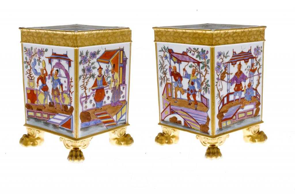 Appraisal: A PAIR OF FRENCH PORCELAIN JARDINIERES of square shape decorated