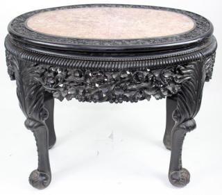 Appraisal: Chinese Carved Rosewood Marble Top Table Chinese Carved Rosewood Marble