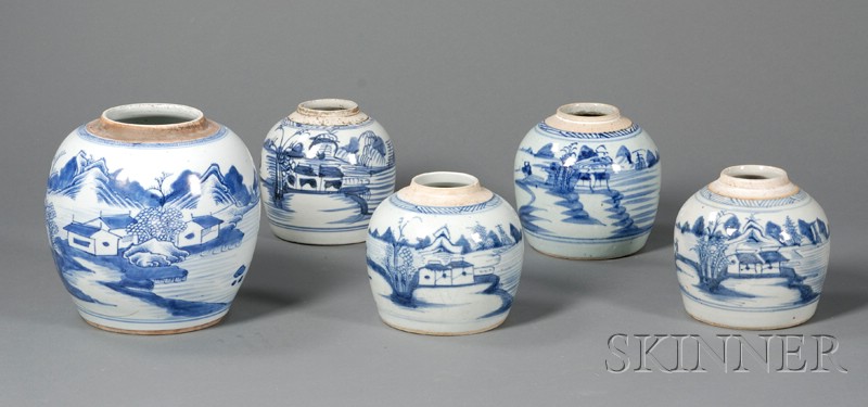 Appraisal: Five Blue and White Chinese Export Porcelain Ginger Jars late