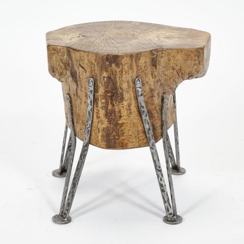 Appraisal: Contemporary Oak Free Edge Log Table Stool on Wrought Iron