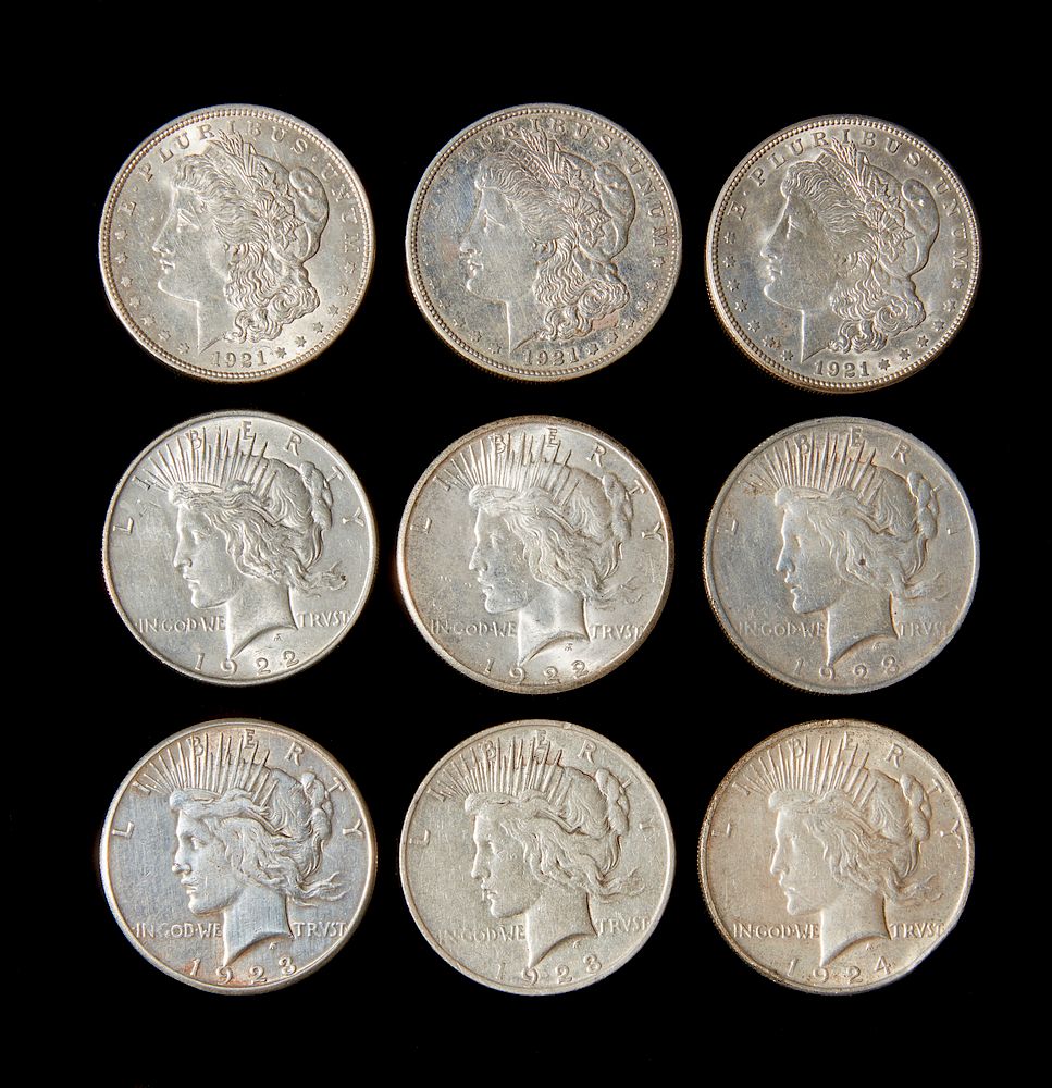 Appraisal: Nine Morgan Peace Silver Dollars Nine Morgan and Peace silver