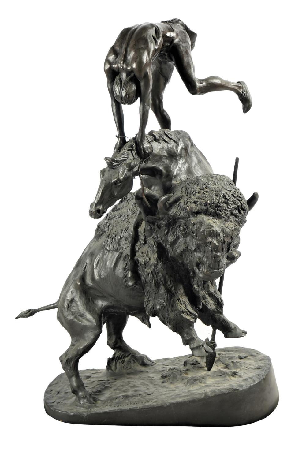 Appraisal: AFTER FREDERIC REMINGTON BUFFALO HORSE bronze on a green marble