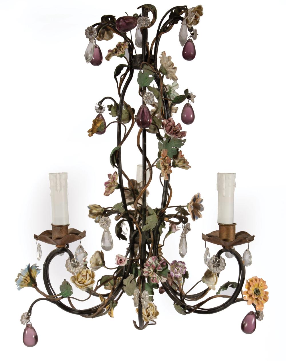 Appraisal: Diminutive French Tole Peinte and Porcelain-Mounted Three-Light Chandelier electrified h