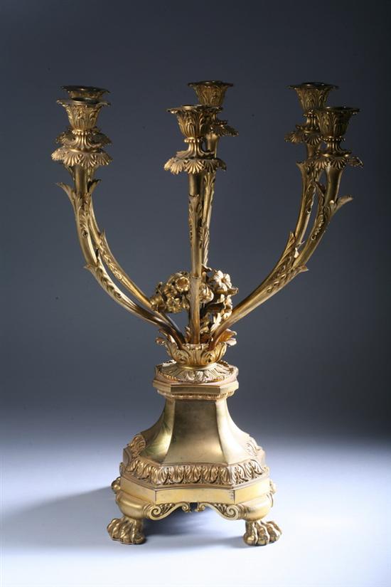 Appraisal: CONTINENTAL BRONZE-DOR SIX-LIGHT CANDELABRUM th century Squat pedestal base raised