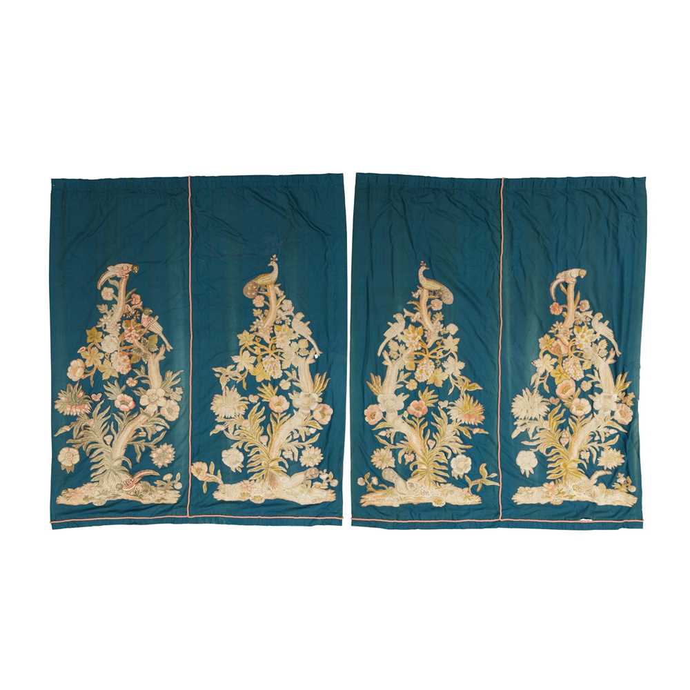 Appraisal: PAIR OF ENGLISH CREWEL WORK APPLIQUE WOOL DRAPERY PANELS TH