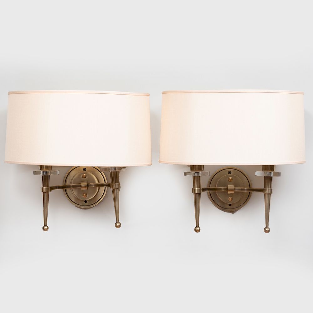 Appraisal: Pair of French Mid Century Brass and Glass Two-Light Sconces