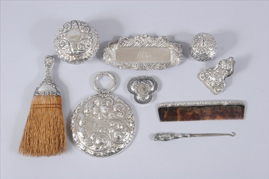 Appraisal: NINE PIECES AMERICAN STERLING REPOUSS DRESSER ARTICLES th century Including