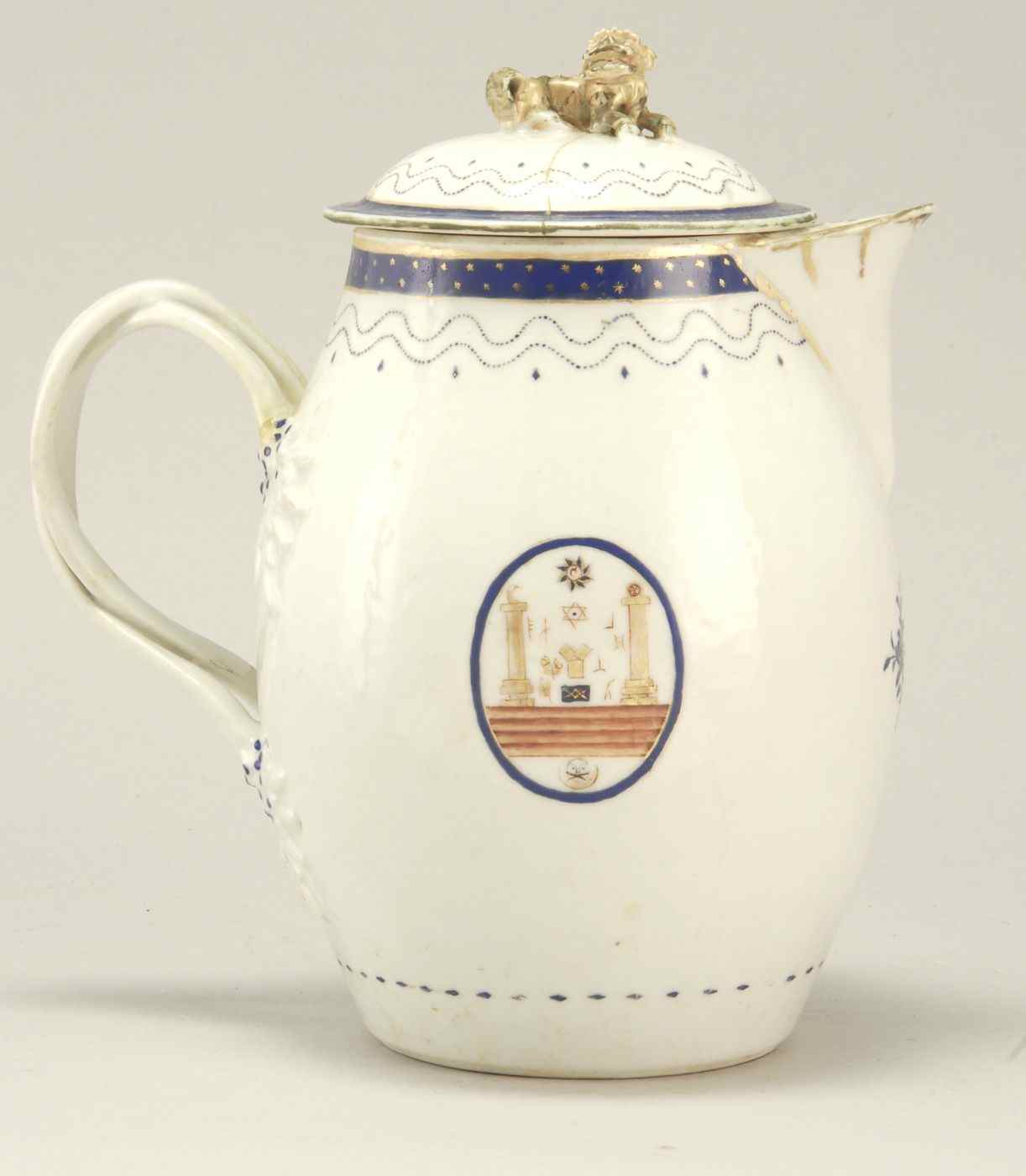 Appraisal: CHINESE EXPORT PORCELAIN MASONIC HANDLED CIDER PITCHERLate th CenturyWith two