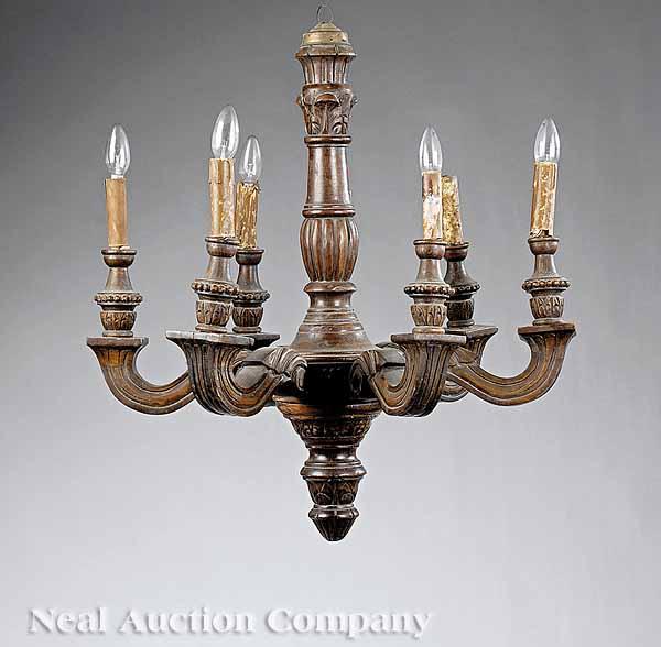 Appraisal: An Antique Italian Carved Wood Six-Light Chandelier baluster form lobed