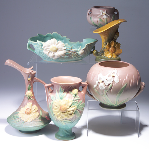 Appraisal: Six ROSEVILLE pieces to include a pink Peony ewer -