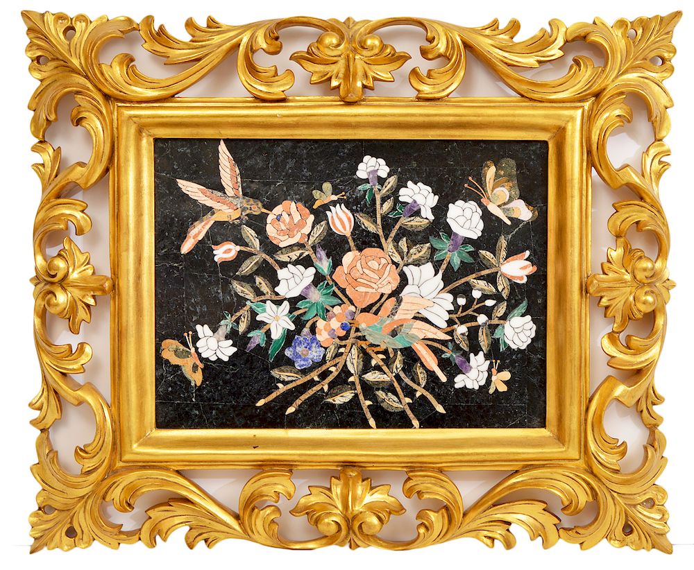 Appraisal: Pietra Dura Gilt Framed Stone Mosaic Plaque Pietra dura intricate