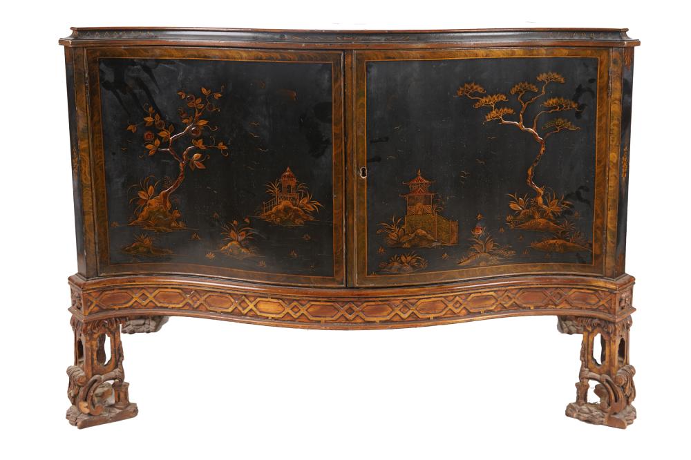 Appraisal: GEORGIAN STYLE CHINOISERIE CABINETwith raised Chinoiserie design to top with