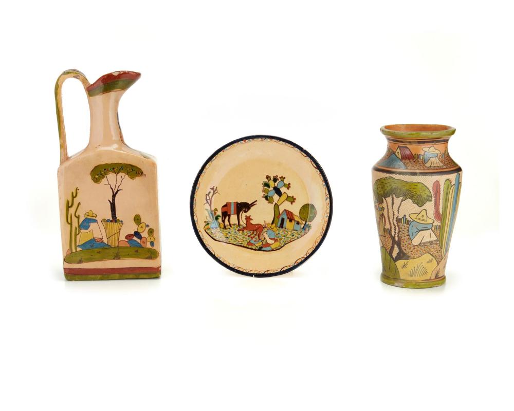 Appraisal: Three Tlaquepaque campesino pottery items Three works A Tlaquepaque pottery