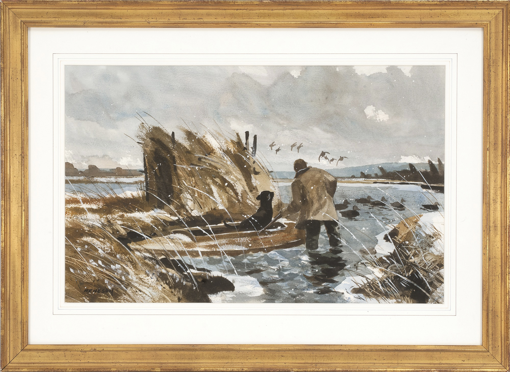 Appraisal: CHET RENESONAmerican b Winter hunting scene of a hunter and