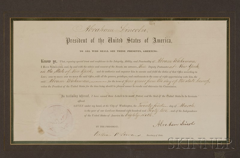 Appraisal: Lincoln Abraham - Signed document March one page as President