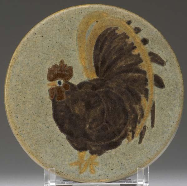 Appraisal: MARBLEHEAD Circular tile incised with a brown rooster against a