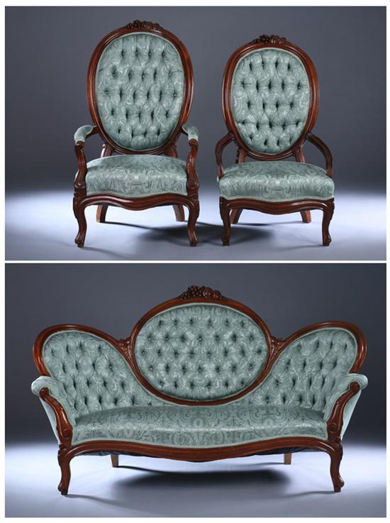 Appraisal: THREE-PIECE VICTORIAN UPHOLSTERED SALON SUITE th century with green damask