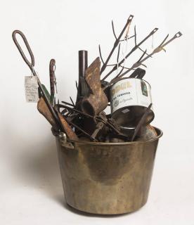 Appraisal: Brass Bucket Full of Iron and Tin Tools and Stuff