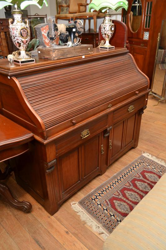 Appraisal: VICTORIAN ROLL FRONT DESK WITH BRASS FITTINGS VICTORIAN ROLL FRONT