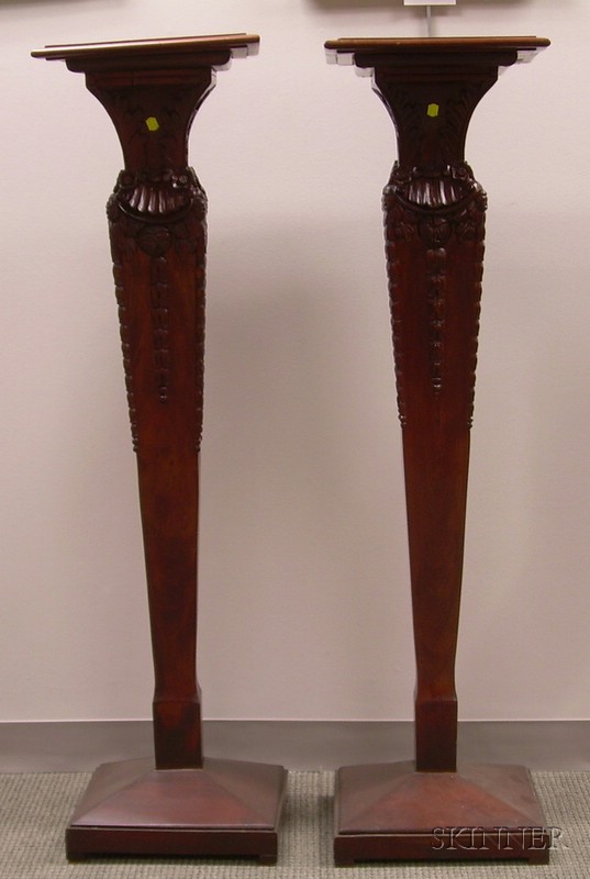 Appraisal: Pair of Late Victorian Style Carved Mahogany Pedestals ht top