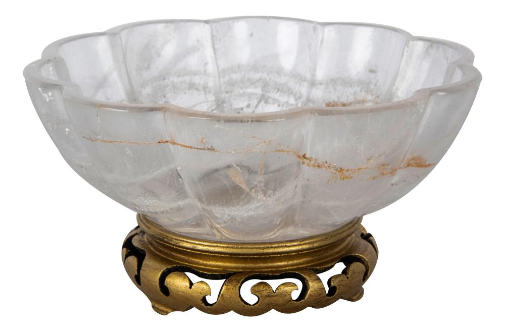 Appraisal: FLUTED ROCK CRYSTAL BOWL ON WOOD STANDbowl inches diameter inches