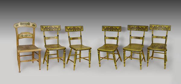 Appraisal: GROUP OF PAINT DECORATED PLANK SEAT CHAIRS th C Country