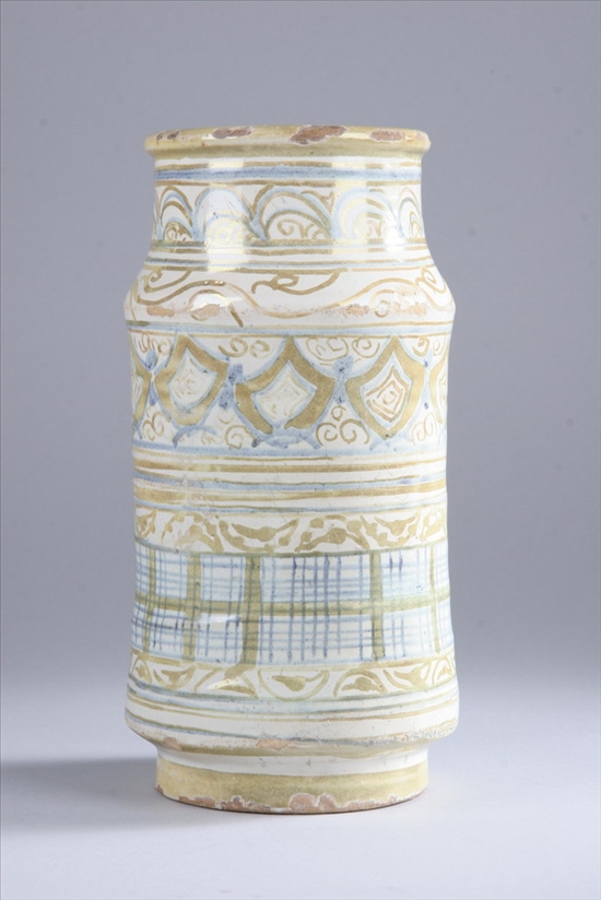 Appraisal: SPANISH MAIOLICA ALBARELLO WIth lustre-glazed geometric and scrolling bands -