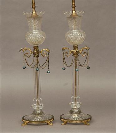 Appraisal: Pair of Cut-Glass and Ormolu-Mounted Lamps Hung with Beads