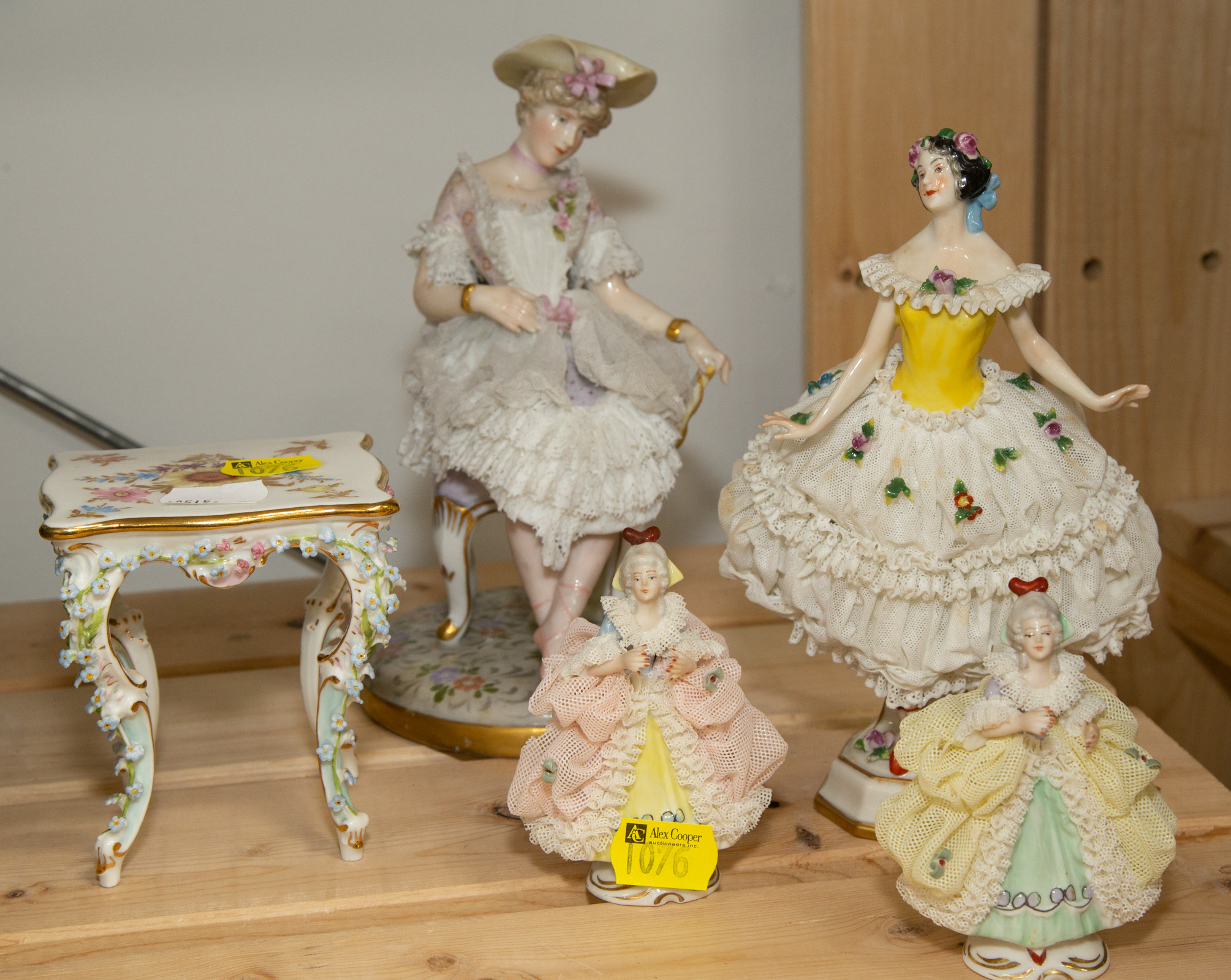 Appraisal: FIVE PIECES OF DRESDEN CRINOLINE PORCELAIN Early th century including