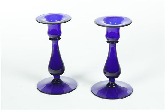 Appraisal: PAIR OF GLASS CANDLESTICKS Probably American mid th century Deep