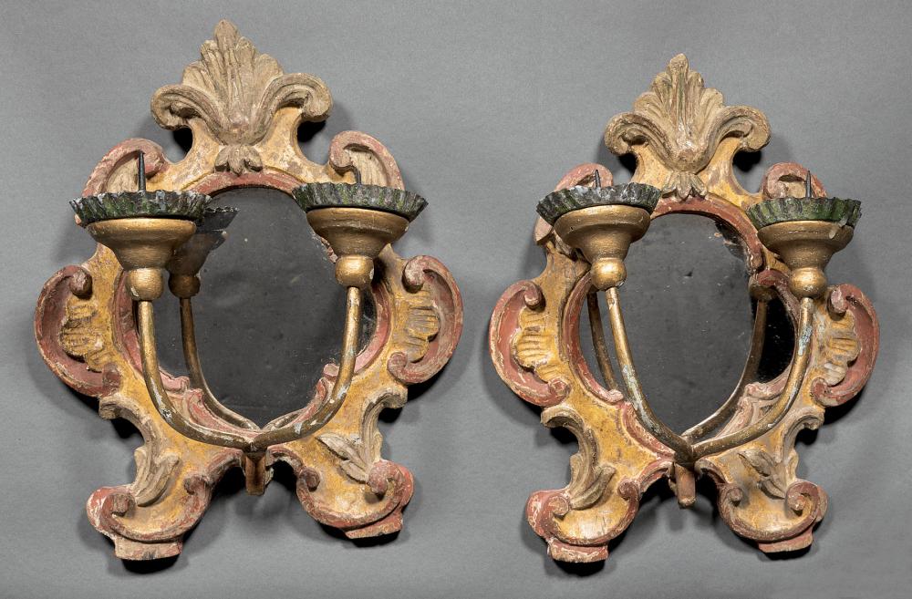 Appraisal: Pair of Diminutive Italian Painted and Parcel Gilt Two-Light Mirrored