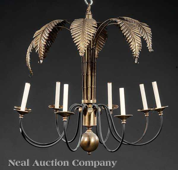 Appraisal: A Continental Brass and Patinated Metal Eight-Light Chandelier palm frond