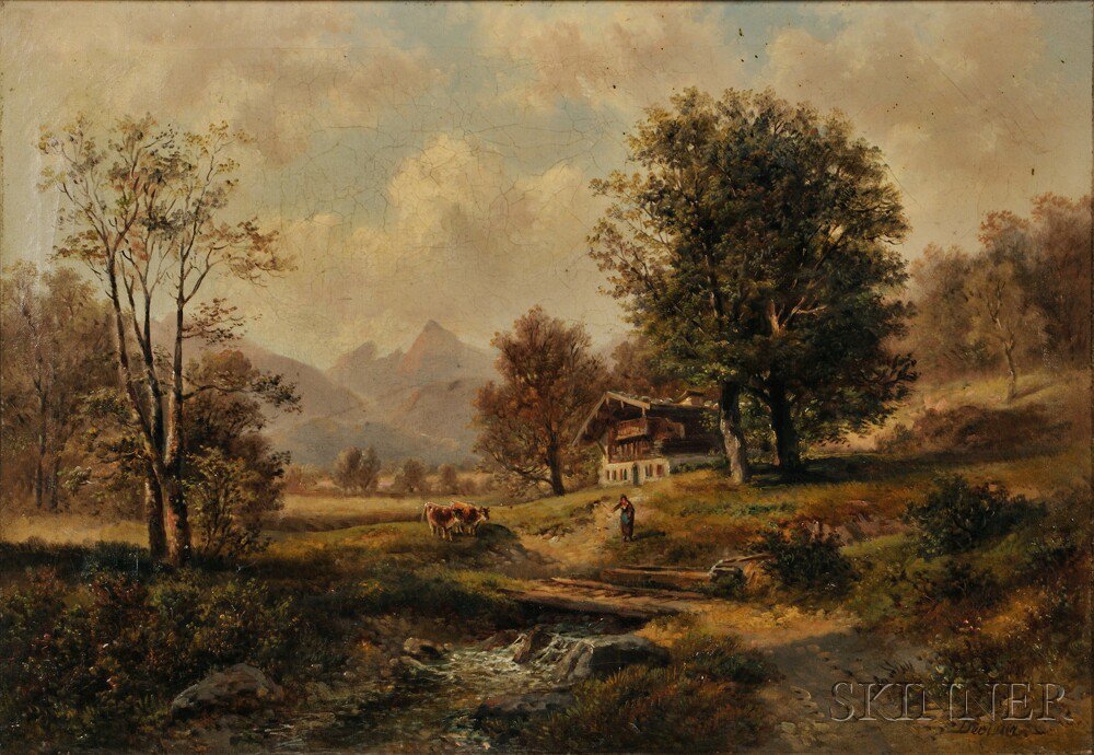 Appraisal: Continental School th Century Landscape with Shepherdess by an Alpine