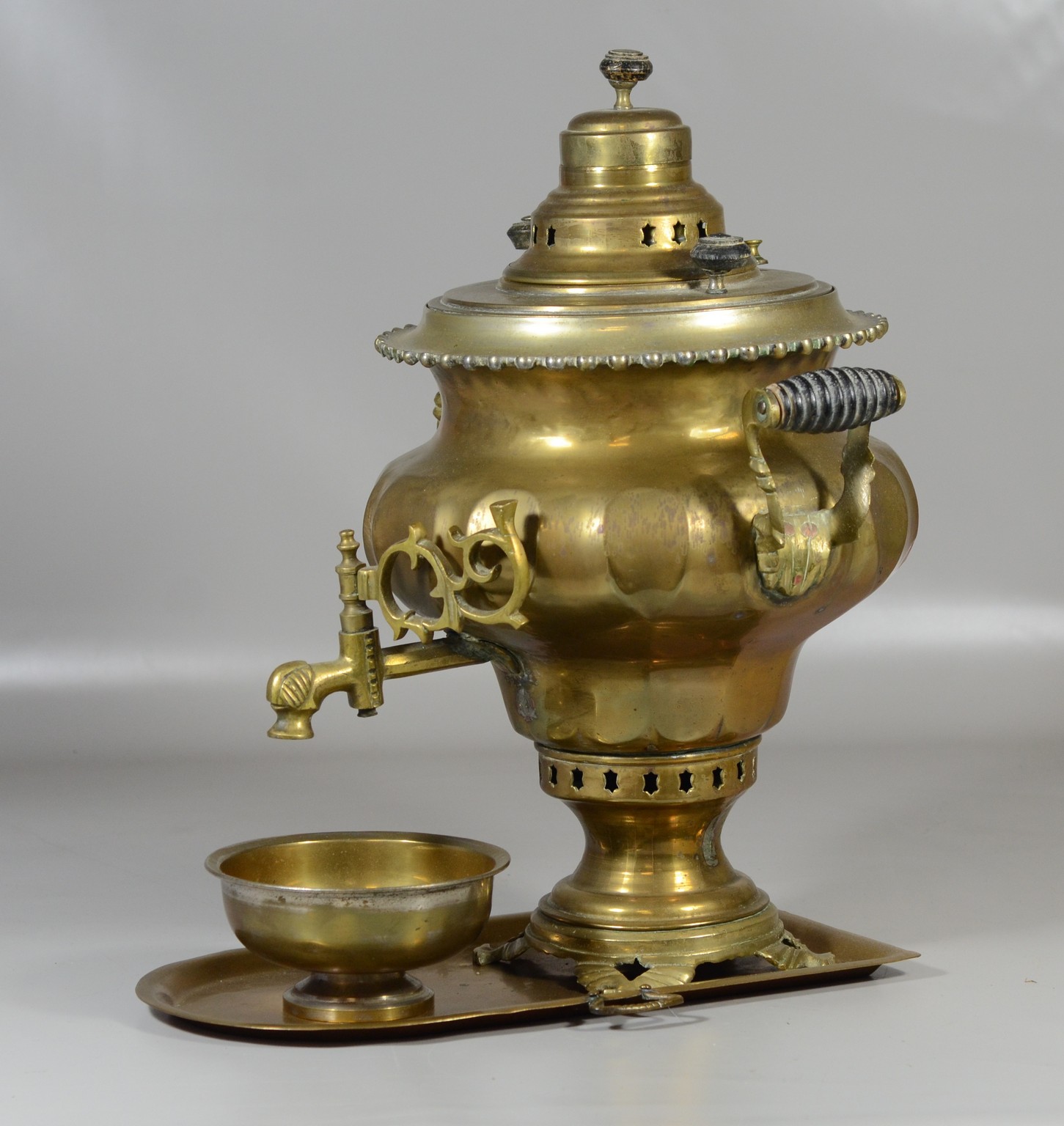 Appraisal: Imperial Russian brass samovar with tray and bowl Cyrillic engravings